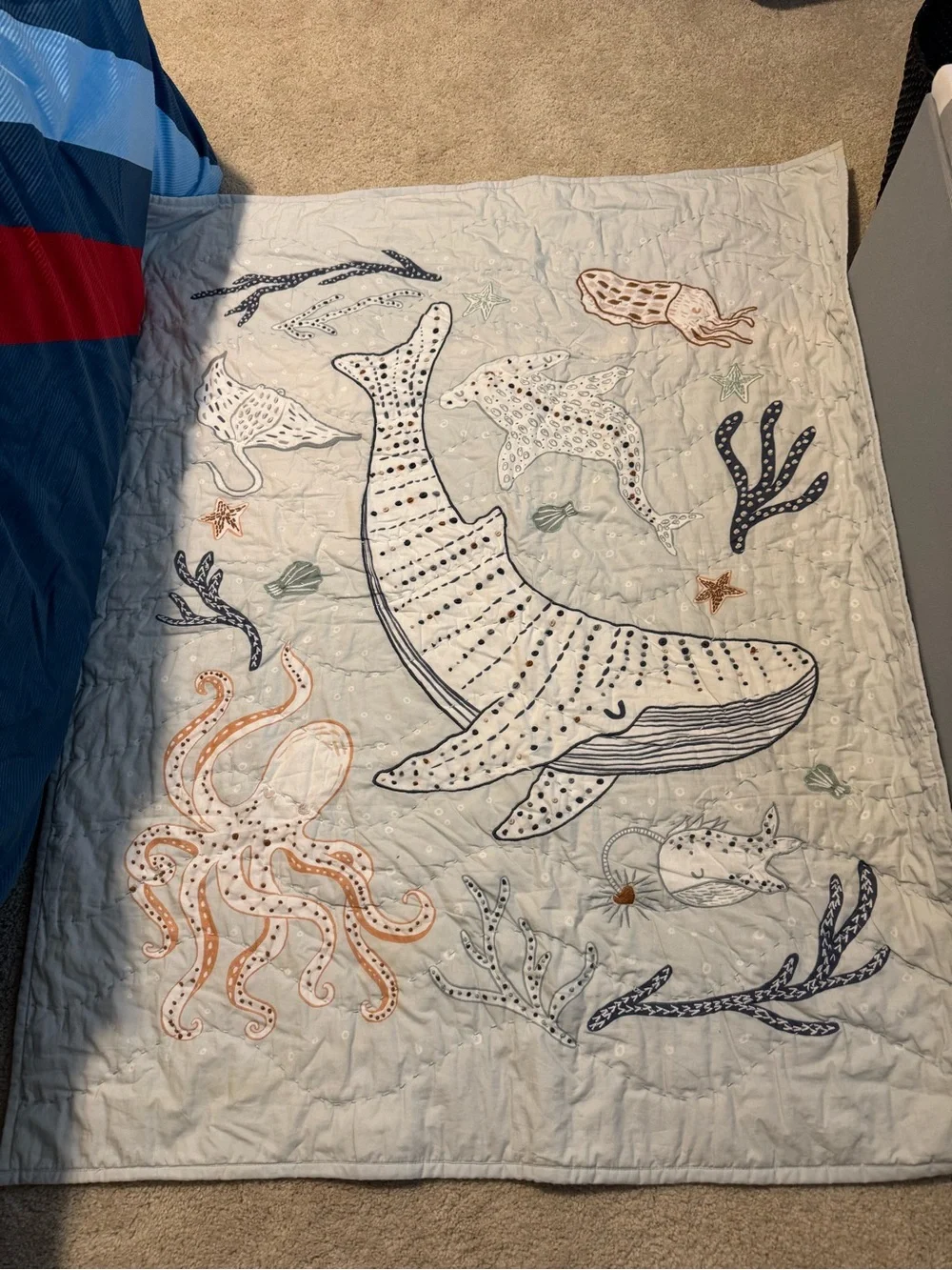 Crate&Barrel Whale & Sea Life Quilted Throw - Blue, White, Orange